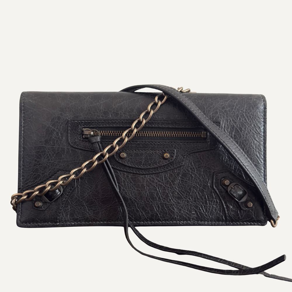 Balenciaga Le City Leather Wallet on Chain Black Antique Silver Dust Bag